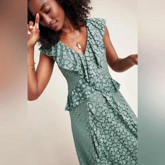 ANTHROPOLOGIE Antoinette Green Ruffle Midi Lace Crochet Dress Size 16 - Picture 3 of 10